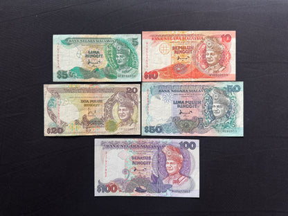 Malaysia 5, 10, 20, 50, 100 Ringgit Banknotes 1989-95-97-98 Bank Bills Set 5Pcs