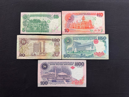 Malaysia 5, 10, 20, 50, 100 Ringgit Banknotes 1989-95-97-98 Bank Bills Set 5Pcs