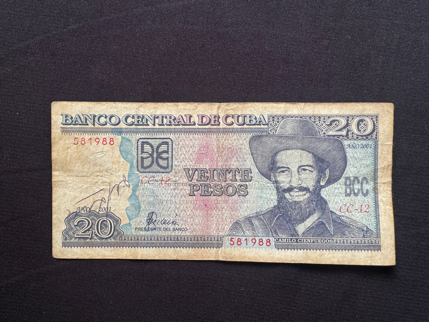 Cuba 20 Pesos Banknote 2001 Old Circulated Banknote Bank Bill P-118c