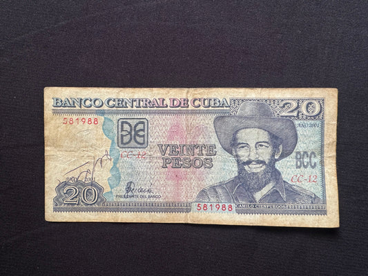 Cuba 20 Pesos Banknote 2001 Old Circulated Banknote Bank Bill P-118c