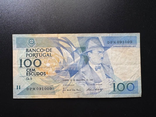 Portugal 100 Escudos Banknotes 1988 Old Circulated Paper Money Bank Bill P-179