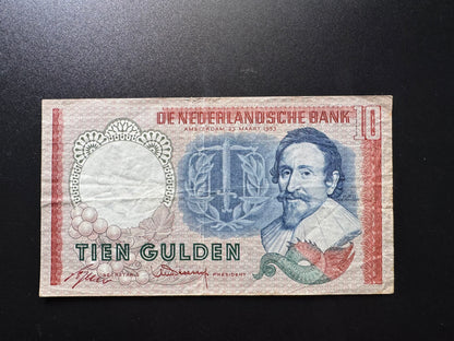 Netherlands 10 Gulden Banknote 1953 Old Circulated Paper Money Bank Bill P-85