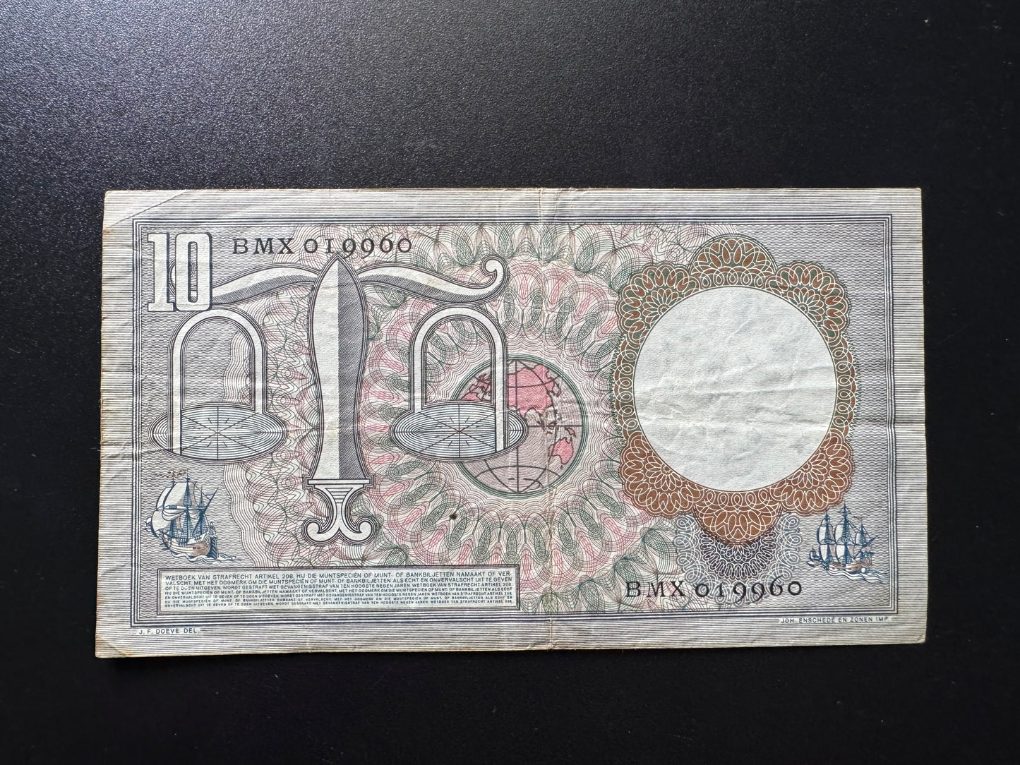 Netherlands 10 Gulden Banknote 1953 Old Circulated Paper Money Bank Bill P-85