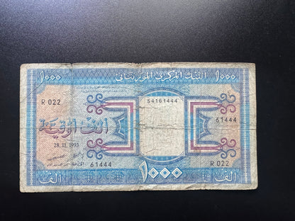 Mauritania 1000 Ouguiya Banknote 1993 Old Circulated Paper Money Bank Bill P-7f