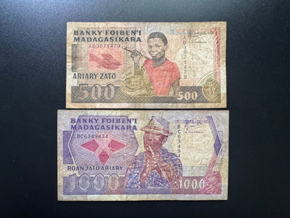 Madagascar 500, 1000 Ariary Banknotes 1988 old Circulated Bank Bills 2 Pcs / Lot