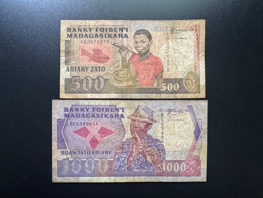 Madagascar 500, 1000 Ariary Banknotes 1988 old Circulated Bank Bills 2 Pcs / Lot