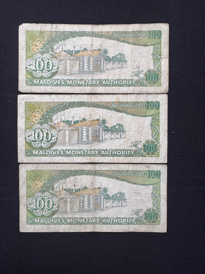 Maldives 100 Rufiyaa Banknotes 1987 Old 2nd Series Prefix-B 7,8,9 Bills 3pcs/Lot
