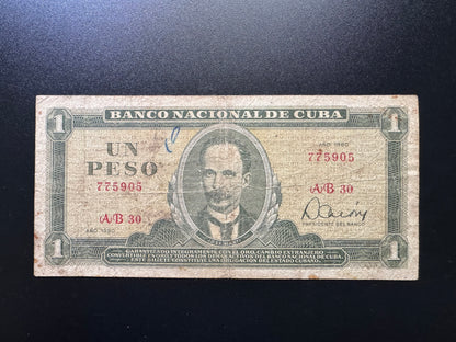 Cuba 1 Peso Banknote 1980 Old Circulated Banknote Bank Bill P-102b
