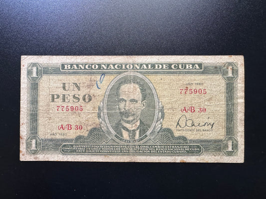 Cuba 1 Peso Banknote 1980 Old Circulated Banknote Bank Bill P-102b