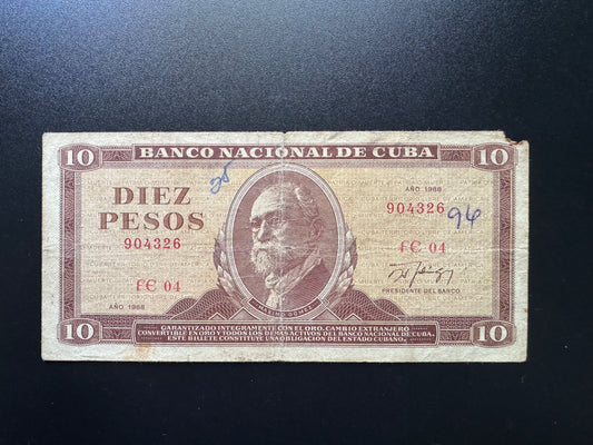 Cuba 10 Pesos Banknote 1986 Old Circulated Banknote Bank Bill P-104c