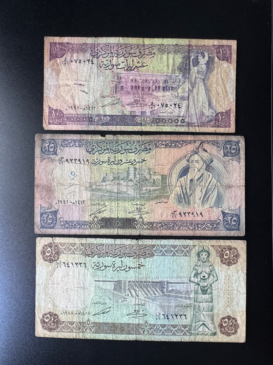 Syria 10, 25, 50 Pounds Banknotes 1988-1991 Old Circulated Bank bills Paper Money 3Pcs/Lot