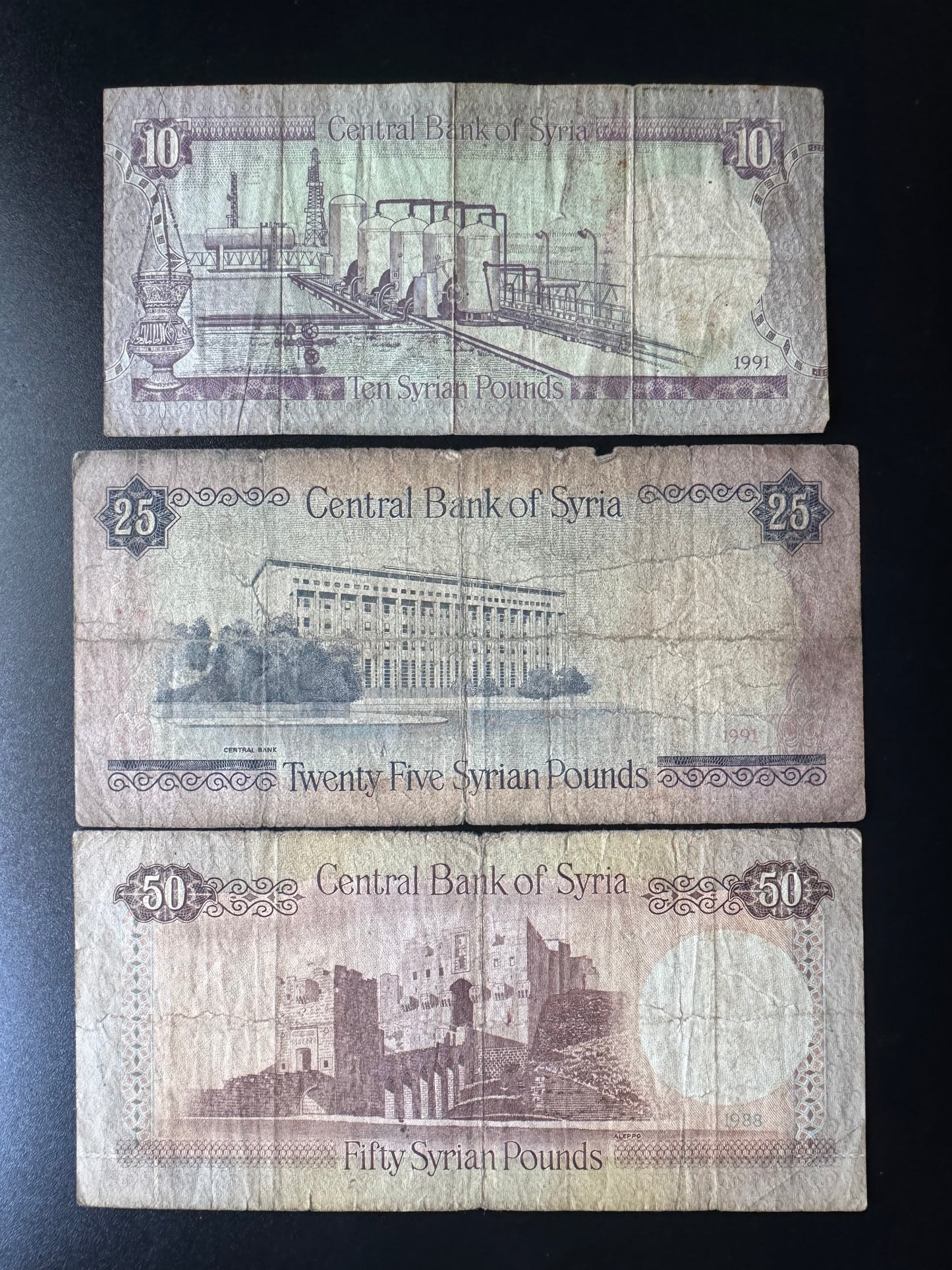 Syria 10, 25, 50 Pounds Banknotes 1988-1991 Old Circulated Bank bills Paper Money 3Pcs/Lot