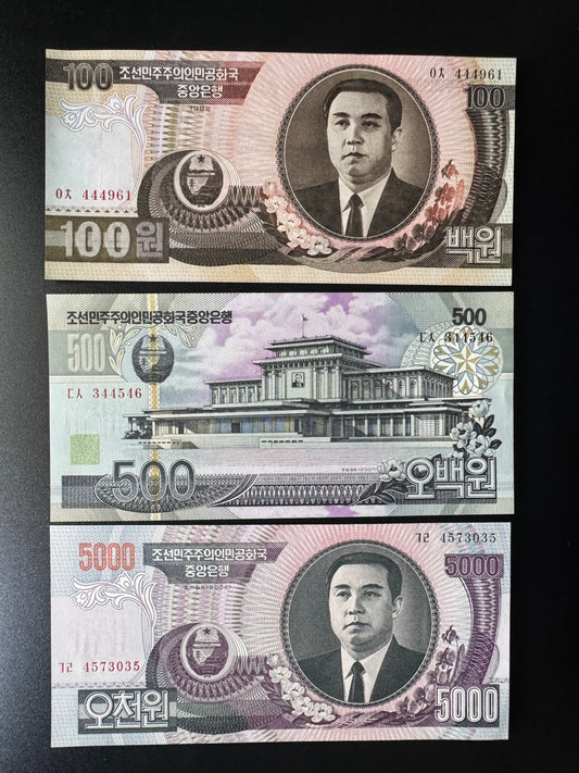 North Korea 100, 500, 5000 Won Banknotes 1992-2006-2007 Old UNC Bank Bills 3pcs/Lot .