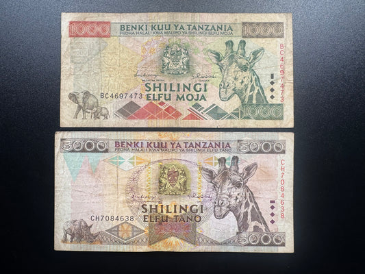 Tanzania 1000, 5000 Shillings Banknotes 1997 Old Paper Bank Bills 2Pcs/Lot