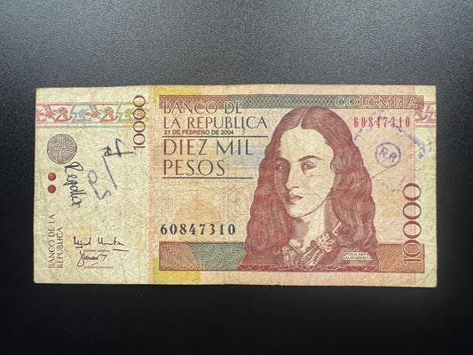 Colombia 10000 Pesos Banknote 2004 Old Circulated Paper Money Bank Bill P-453g