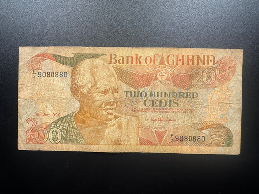 Ghana 200 Cedis Banknote 1990 Circulated S/N Fancy Numbers 9080880 Bill P-27b