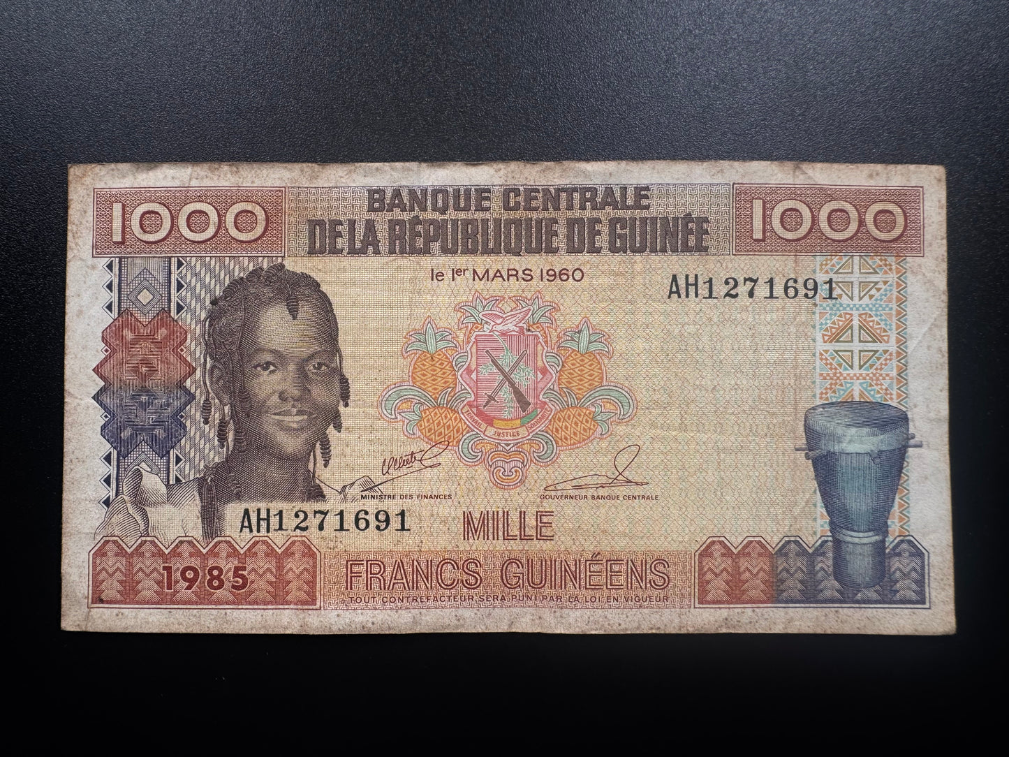 Guinea 1000 Francs Banknote 1985 Old Rare Date "Franc Guinéen" Issue Bill P-32a