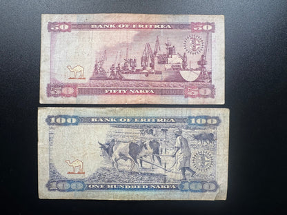 Eritrea 50, 100 Nakfa Banknotes 2004 Old Circulated Paper Bank Bills 2 Pcs / Lot