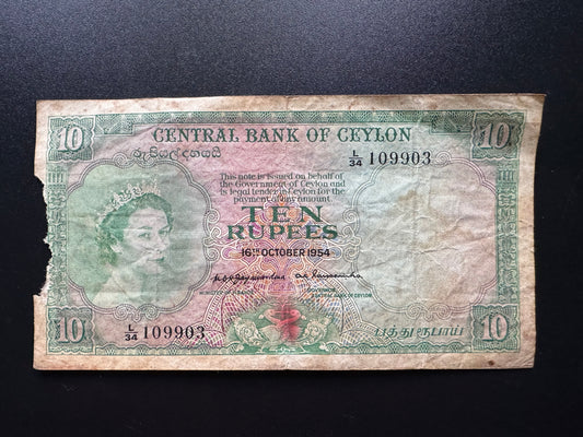 Queen Elizabeth British Ceylon 10 Rupees Banknote 1954 Old Circulated Bill p-55
