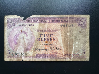 Ceylon 5 Rupees Banknote 1952 Old Circulated Queen Elizabeth Sri Lanka Bill p-51