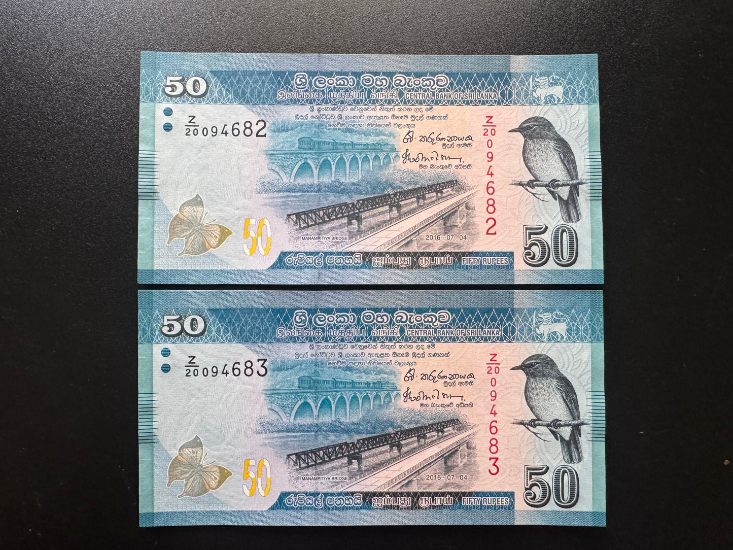 Sri Lanka 50 Rupees Banknotes UNC Z Replacement Notes S/N Consecutive Numbers Pair