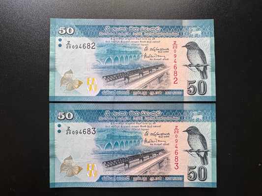 Sri Lanka 50 Rupees Banknotes UNC Z Replacement Notes S/N Consecutive Numbers Pair
