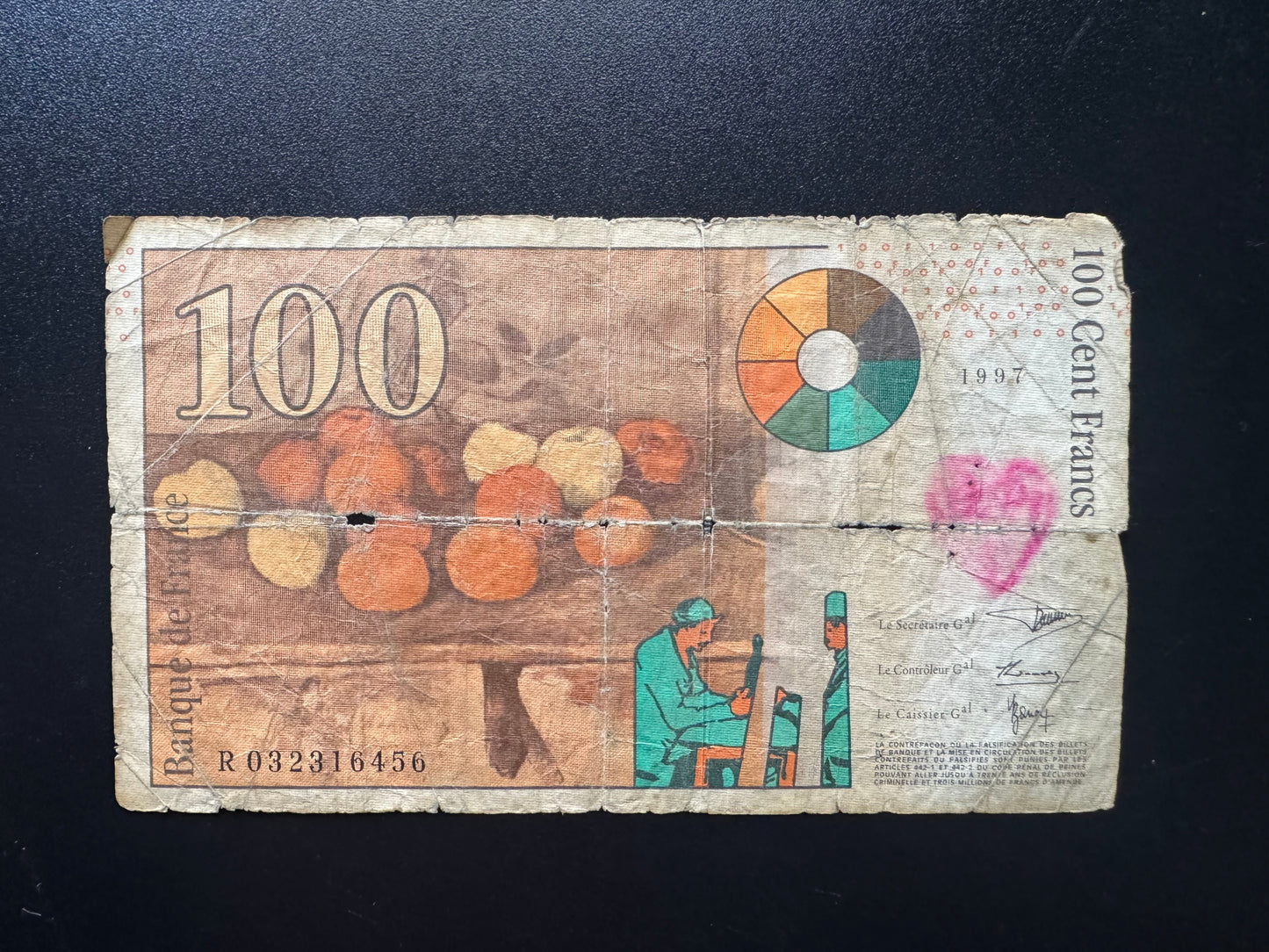 France 100 Franc Banknote 1997 old Circulated Paper Money Bank Bill Love Note