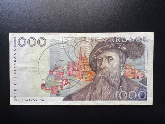 Sweden / Sveriges 1000 Kroner Banknote 1989 Old VF-Circulated Money Bank Bill P-60