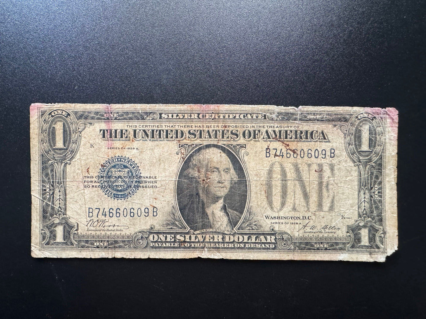 US $1 Dollar 1928 A Circulated Blue Seal USA Old Banknote Bill Silver Certificate