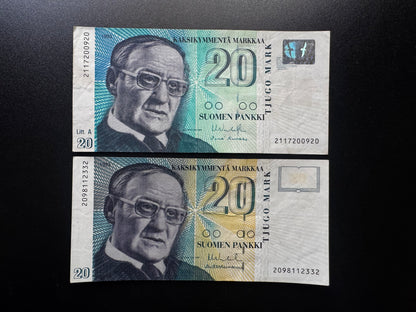 Finland / Finnish 20 Markkaa Banknotes 1993 2-Type Bills P-122 & 123 2pcs/Lot