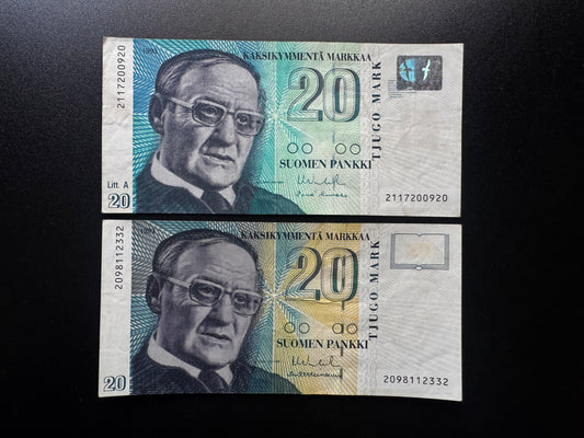 Finland / Finnish 20 Markkaa Banknotes 1993 2-Type Bills P-122 & 123 2pcs/Lot