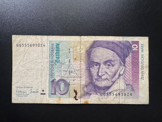 Germany 10 Mark Banknote 1993 Rare Date Circulated Paper Money Bank Bill P-38