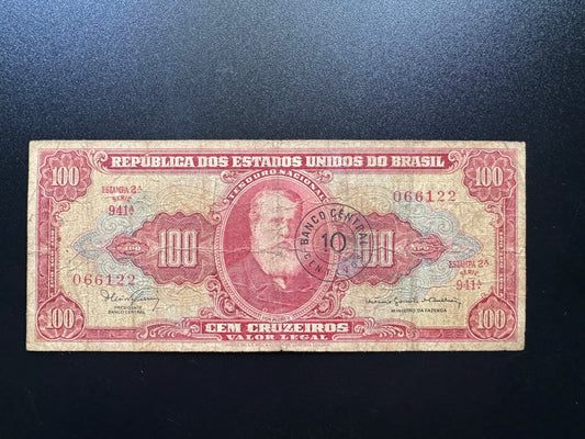 Brazil 100 Cruzeiros Banknote 1966 old Circulated Paper Money Bank Bill P-185