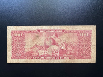 Brazil 100 Cruzeiros Banknote 1966 old Circulated Paper Money Bank Bill P-185