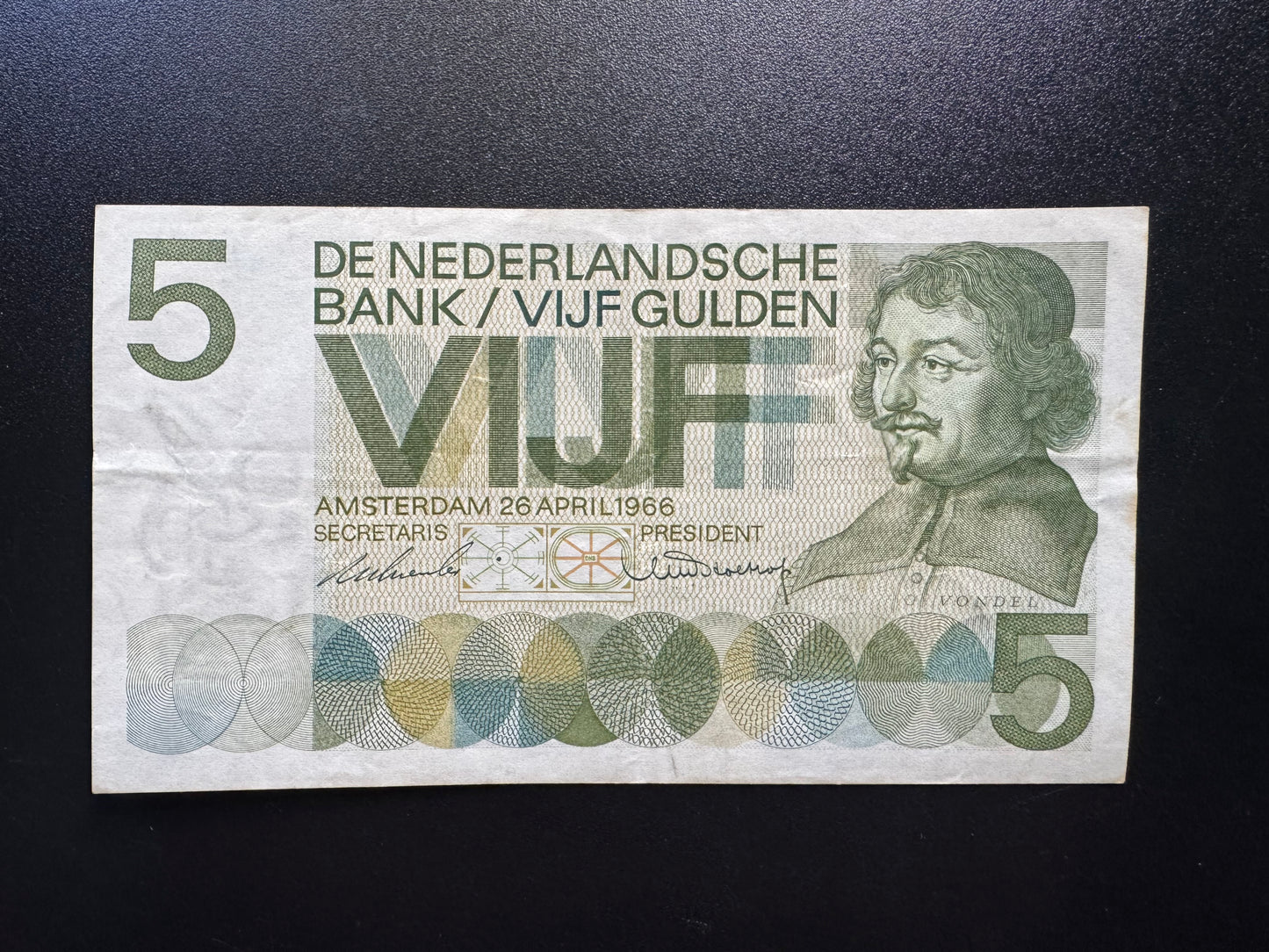 Netherlands 5 Guldens Banknote 1966 Old Circulated Paper Money Bank Bill P-90