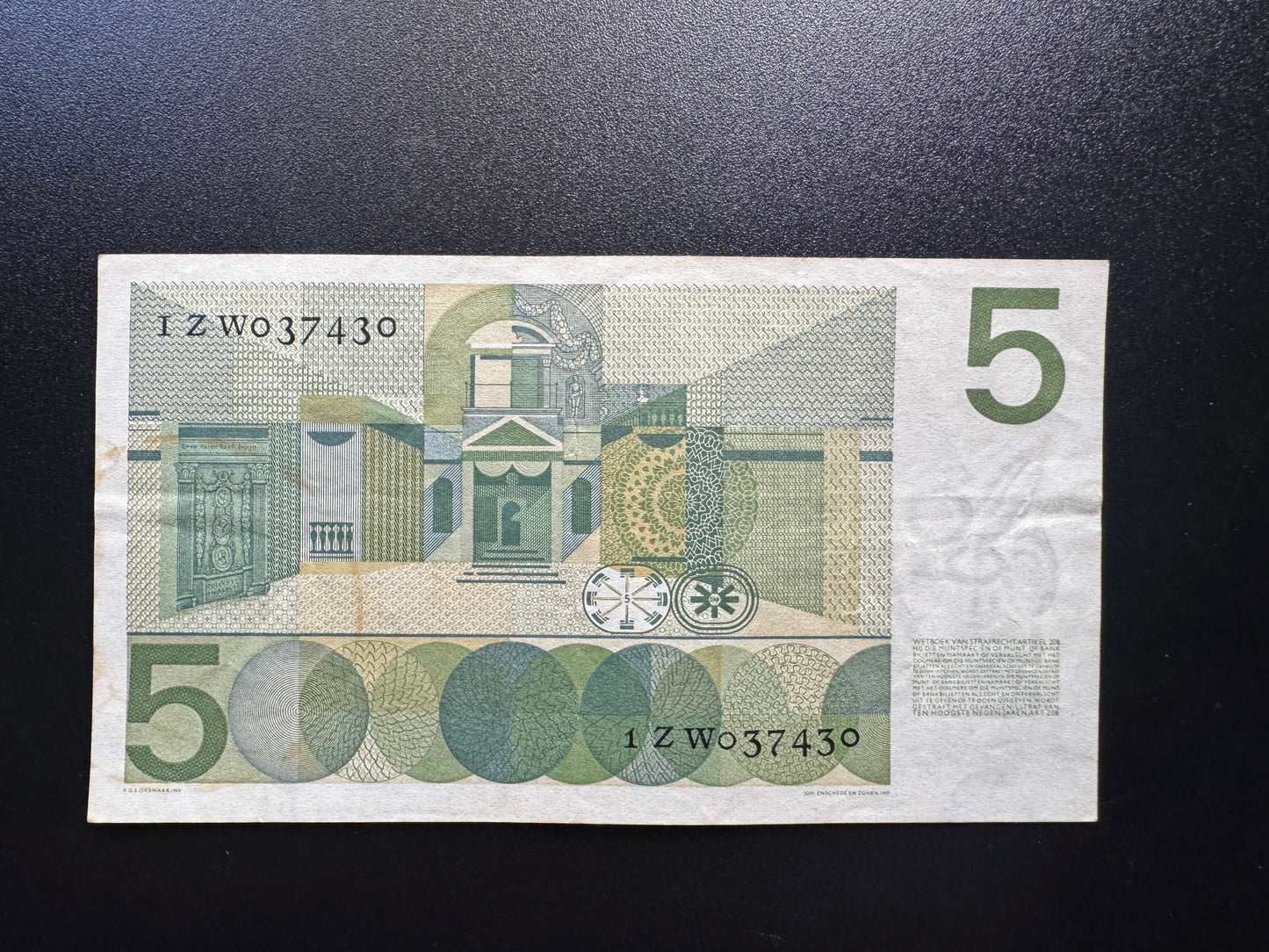 Netherlands 5 Guldens Banknote 1966 Old Circulated Paper Money Bank Bill P-90