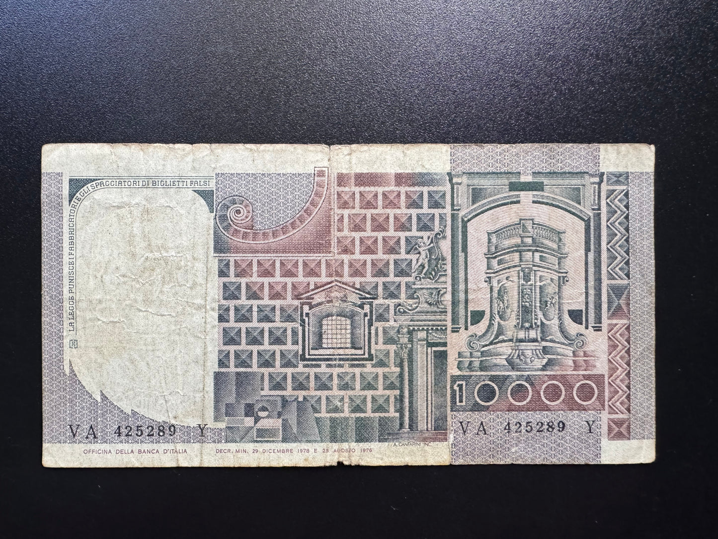 Italy 10000 Lire Banknote 1976 old Circulated Paper Money Bank Bill P-106