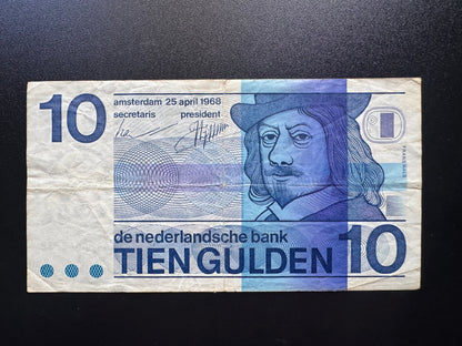 Netherlands 10 Guldens Banknote 1968 Old Circulated Paper Money Bank Bill P-91