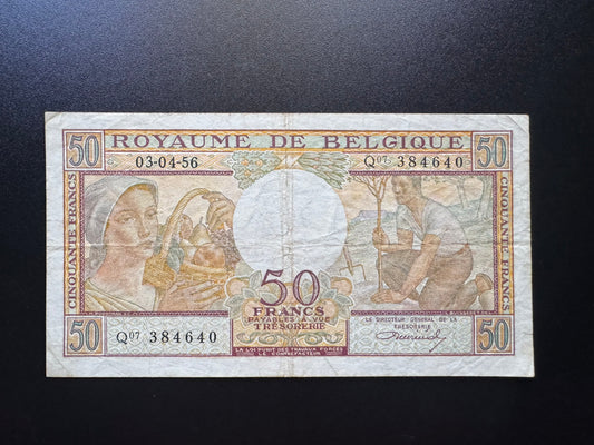 Belgium 50 Francs Banknote 1956 old Circulated Paper Money P-133