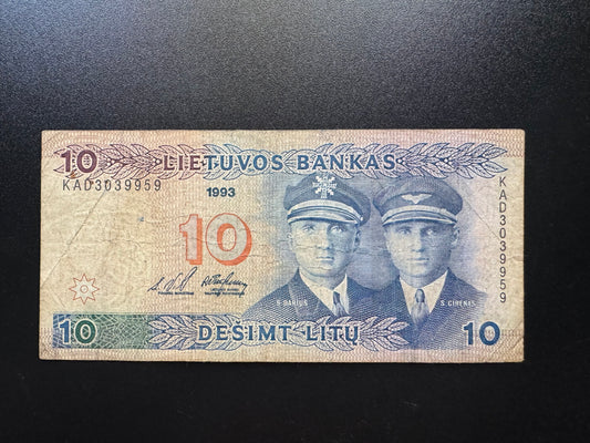 Lithuania 10 Litas Banknote 1993 Rare Date Old Circulated Paper Money Bank Bill P-56