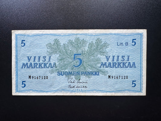Finland / Finnish 5 Markkaa Banknote 1963 Old Circulated Paper Money Bank Bill P-106