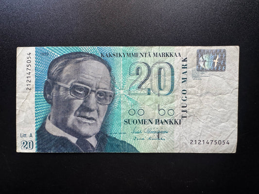 Finland 20 Markkaa Banknote 1993 Old Circulated Paper Money Bank Bill P-122