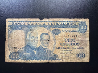 Mozambique 100 Escudos Banknote 1972 Old Circulated Rare Paper Money Bank Bill P-113