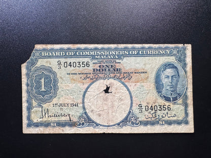 Malaya 1 Dollar Banknote 1941 Old Circulated Paper Money P-11 King George Bill