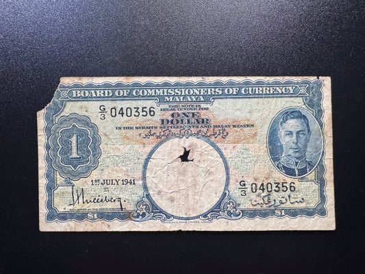 Malaya 1 Dollar Banknote 1941 Old Circulated Paper Money P-11 King George Bill