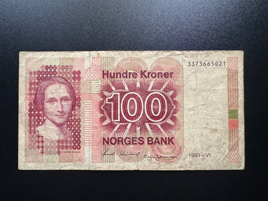 Norway 100 Kroner Banknote 1993 old Circulated Paper Money Bank Bill P-43