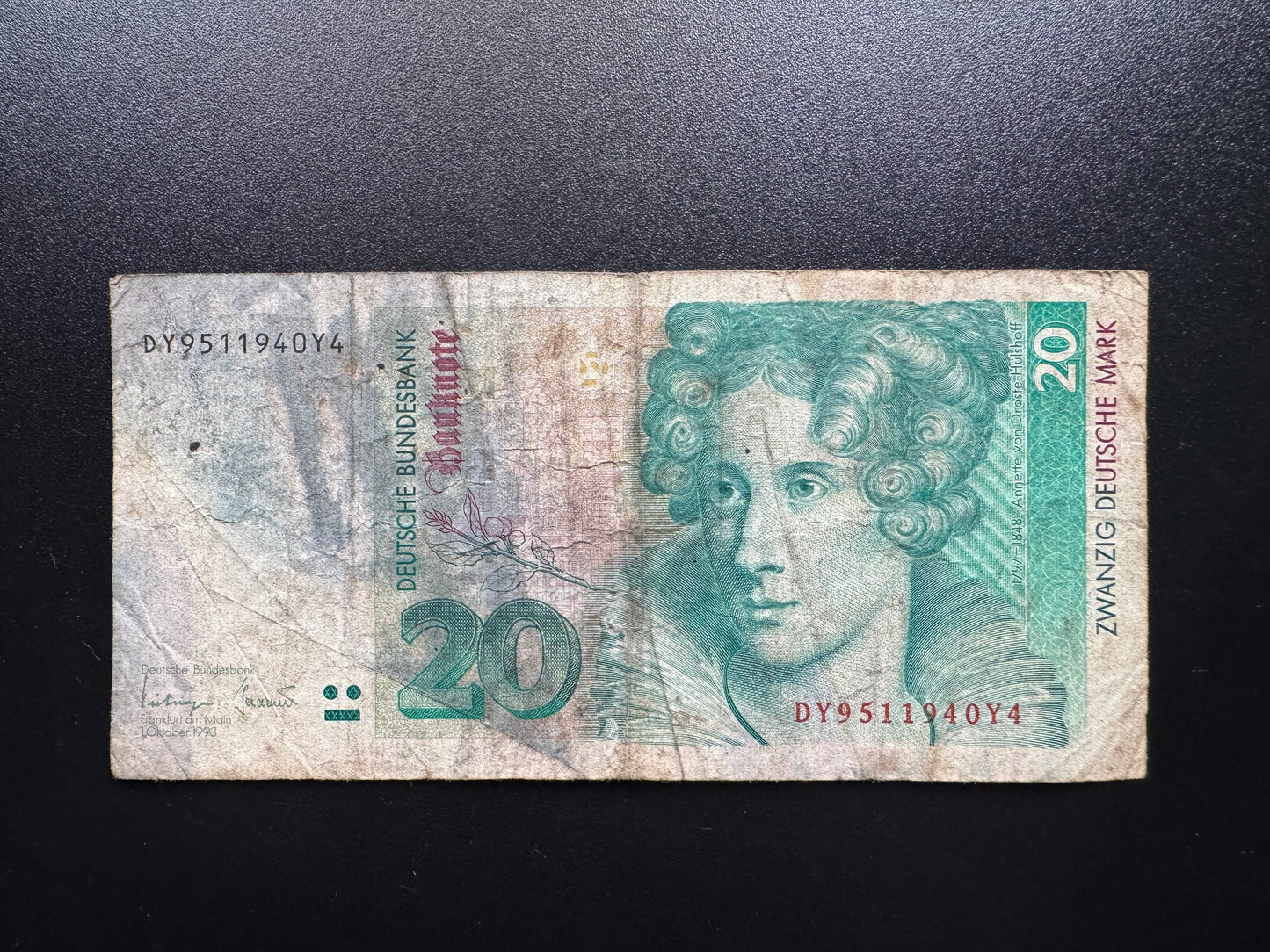 Germany 20 Mark Banknote 1993 Rare Date Circulated Paper Money Bank Bill P-39
