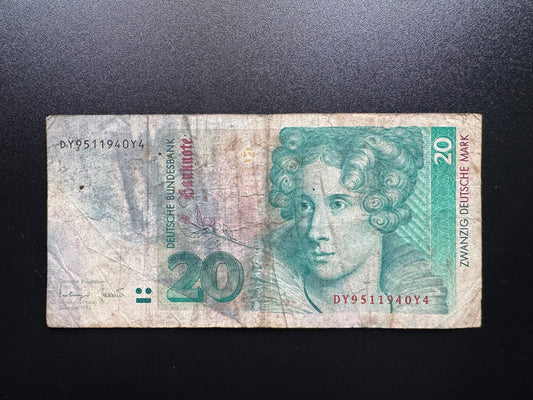 Germany 20 Mark Banknote 1993 Rare Date Circulated Paper Money Bank Bill P-39
