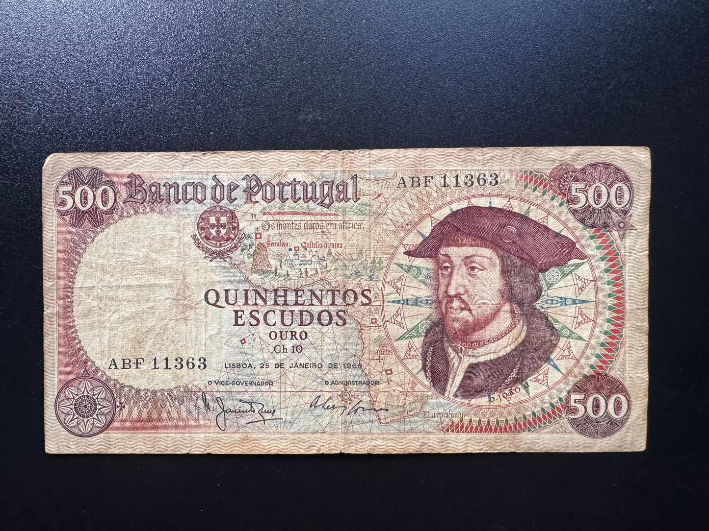 Portugal 500 Escudos Banknote 1965 Rare Date Circulated Paper Bank Bill p-170
