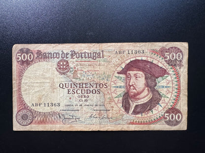 Portugal 500 Escudos Banknote 1965 Rare Date Circulated Paper Bank Bill p-170